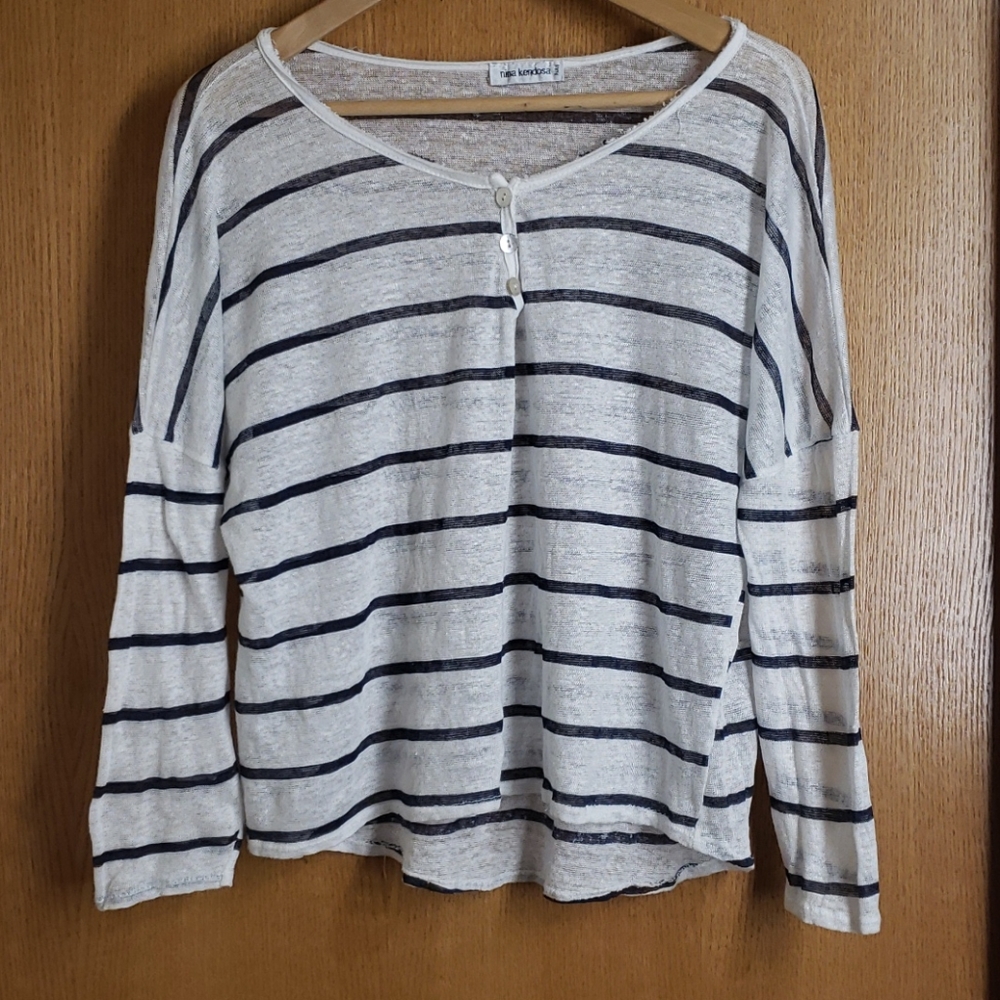 EUC Nina Kendosa White Blue Striped Linen Shirt OS